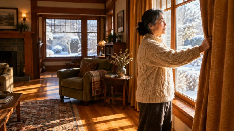 A woman in a warm knit sweater opens curtains in a sunlit living room looking out at snowy trees.