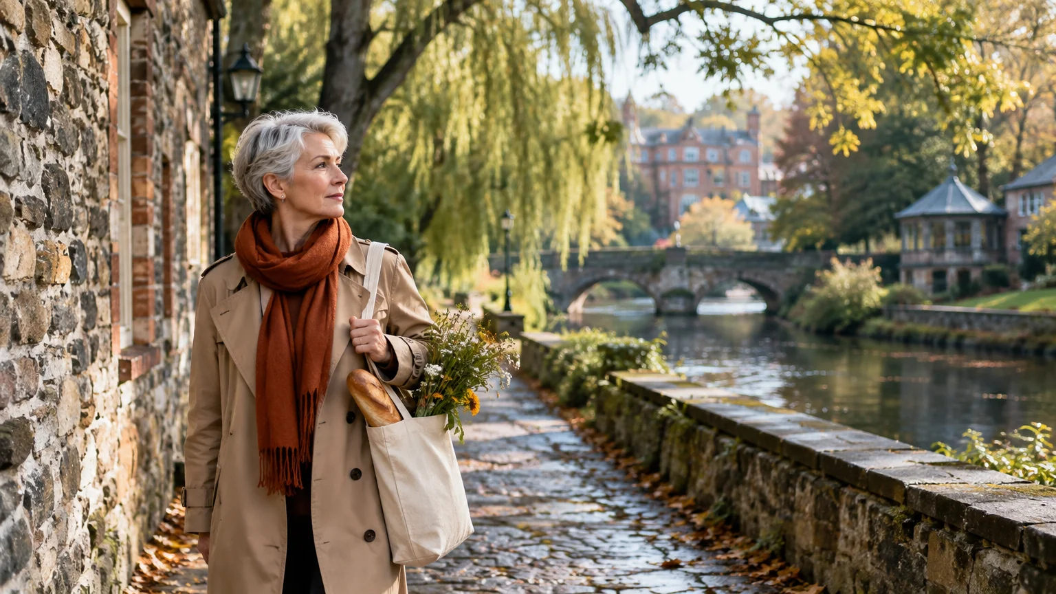 Senior woman in a trench coat and orange scarf walking along a stone riverfront path carrying a tote bag.