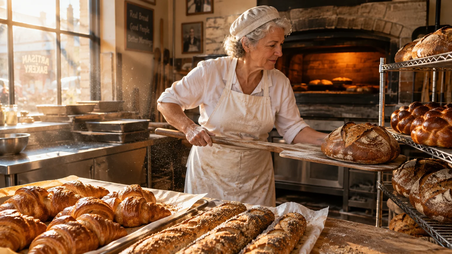 A senior woman in a baker's apron holds a loaf of bread on a peel near trays of croissants and baguettes.