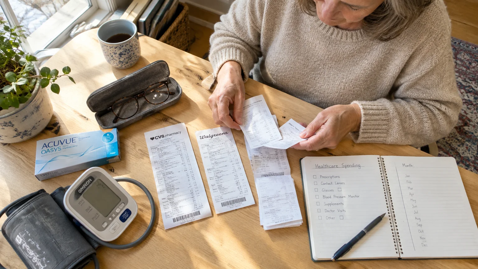Woman reviewing pharmacy receipts at a desk with a blood pressure monitor, contact lenses box, and healthcare notebook.
