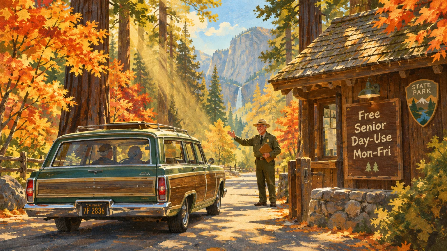 Illustration of a park ranger waving a vintage green station wagon through a state park entrance booth in autumn woods.