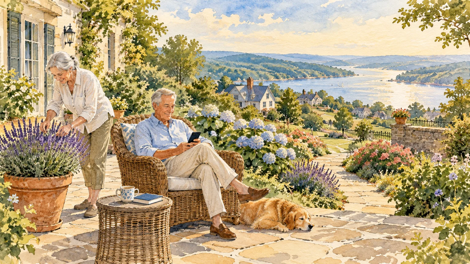 Watercolor of a senior man using a smartphone on a stone patio overlooking a lake while a woman tends flowers.