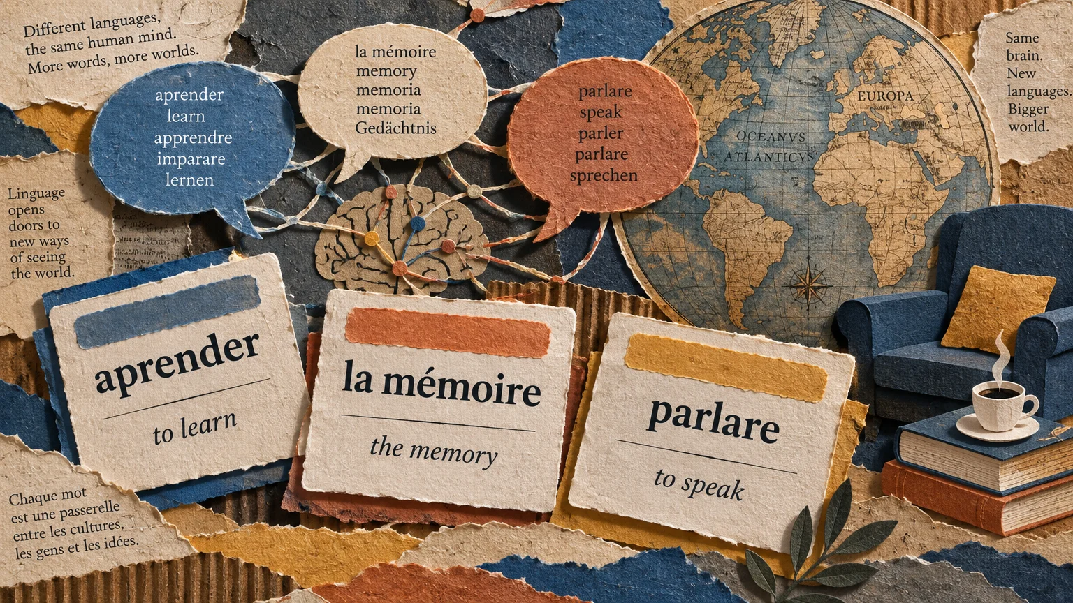 Cut-paper collage featuring foreign language flashcards, speech bubbles, a paper brain model, and a vintage world globe.