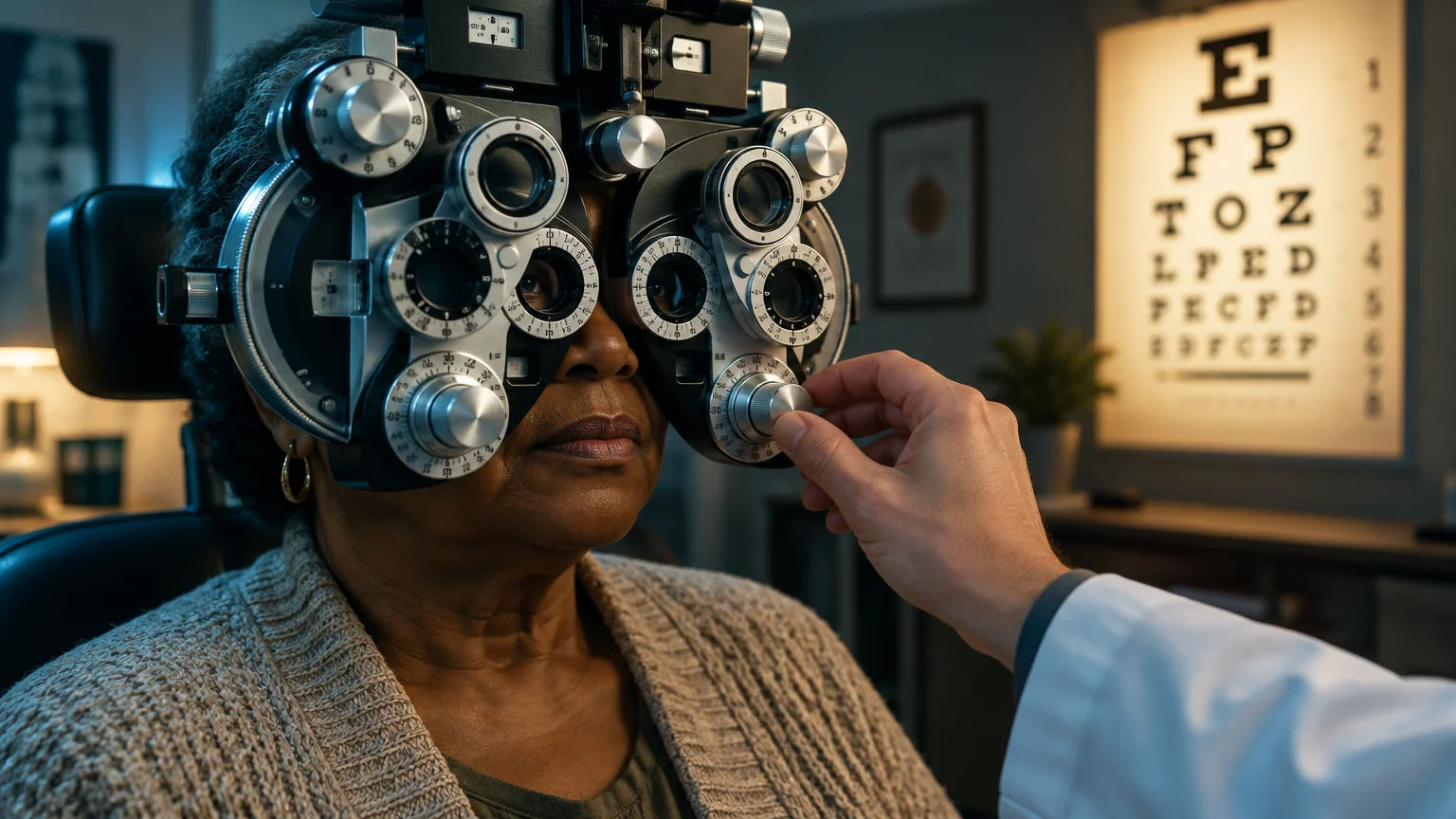 Senior woman looking through a phoropter during an eye exam as a doctor adjusts dials in front of an eye chart.