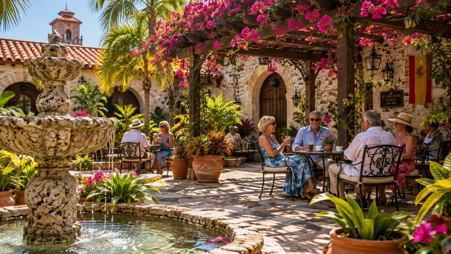 People seated at cafe tables in a sunlit Spanish colonial courtyard with a stone fountain and blooming bougainvillea.