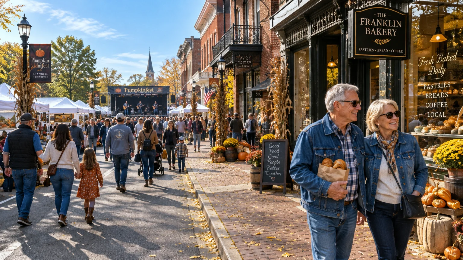 People stroll down a decorated brick sidewalk past a bakery during a crowded street festival with tents and a music stage.
