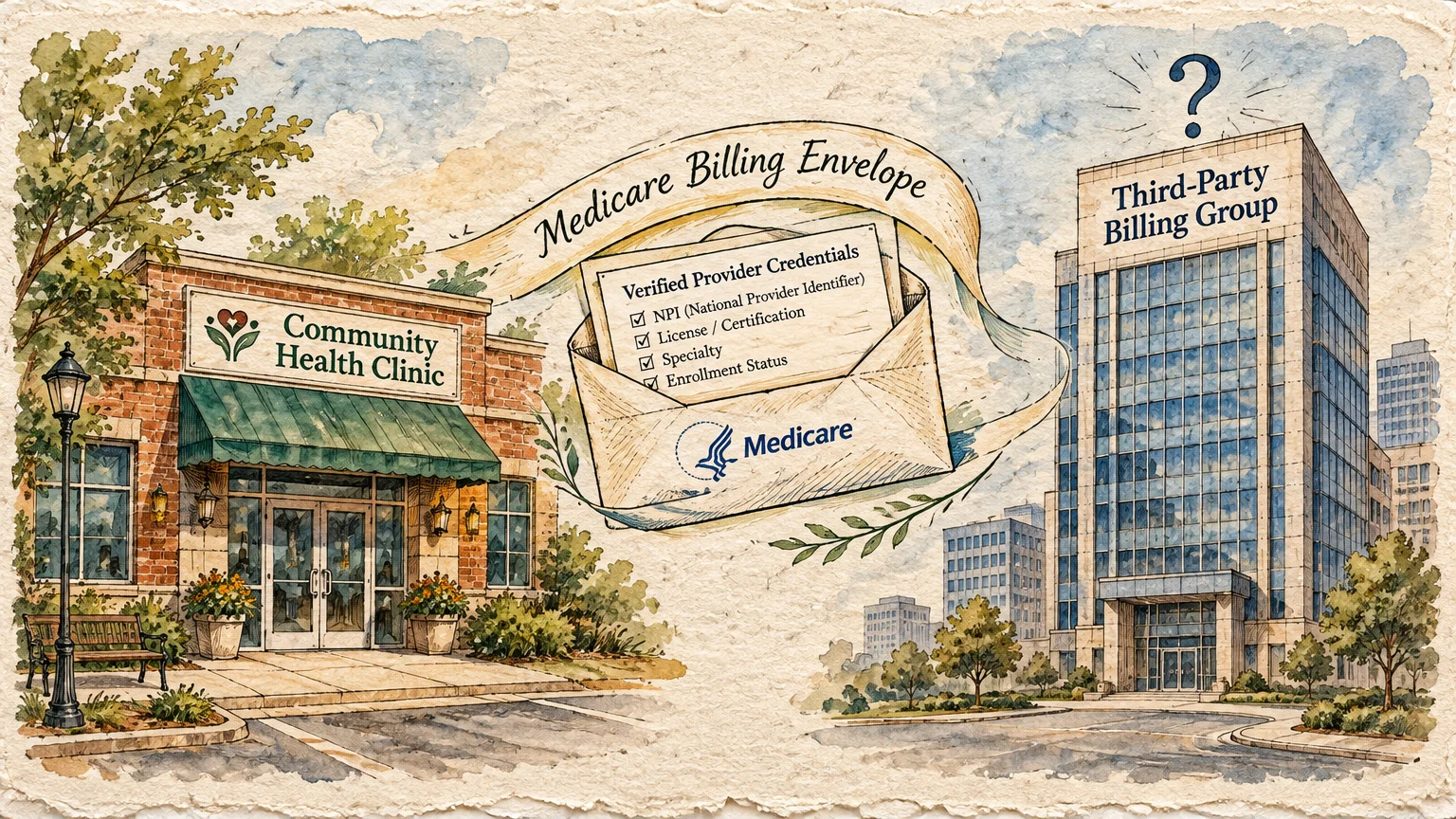Watercolor illustration showing a community clinic, a third-party billing building, and an open Medicare billing envelope.
