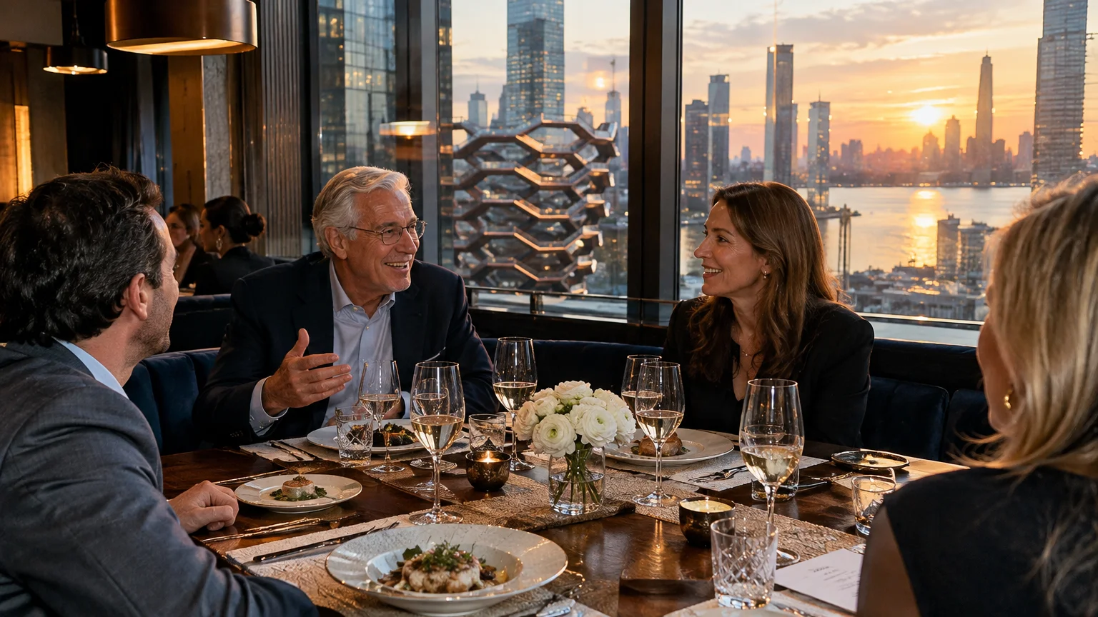 People dining at a table in a high-rise restaurant with panoramic sunset views of the city skyline and Hudson River.