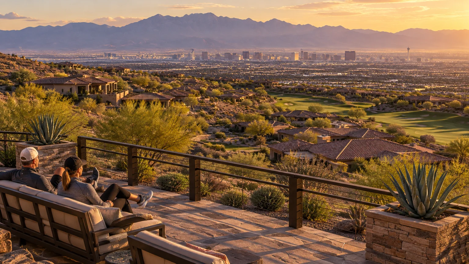 Couple relaxing on a stone patio overlooking a desert hillside community, golf course, and distant city skyline.
