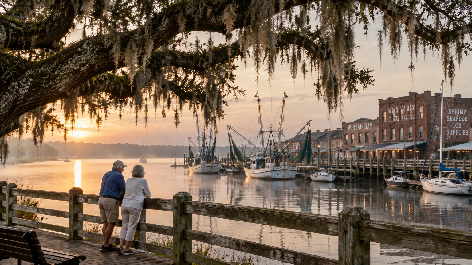 Older couple on a wooden boardwalk at sunrise viewing shrimp boats docked along historic brick waterfront buildings.