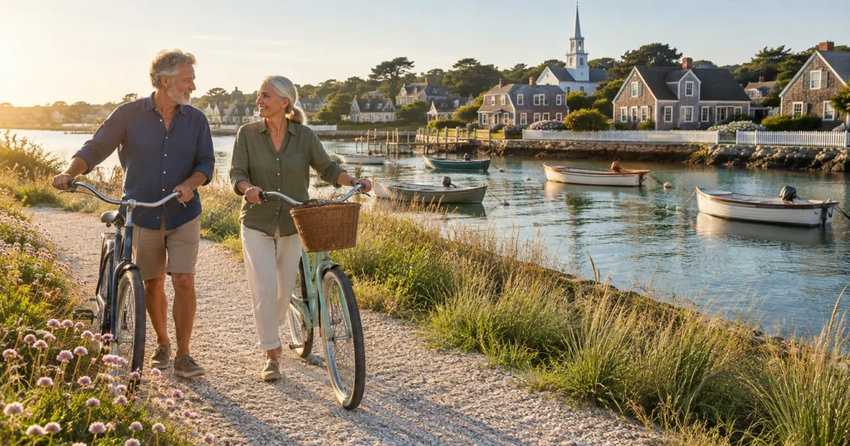 Senior couple walking bicycles along a coastal gravel path by a harbor with boats, waterfront houses, and a church.