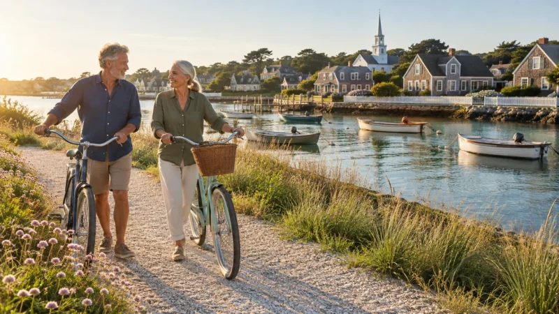 Senior couple walking bicycles along a coastal gravel path by a harbor with boats, waterfront houses, and a church.