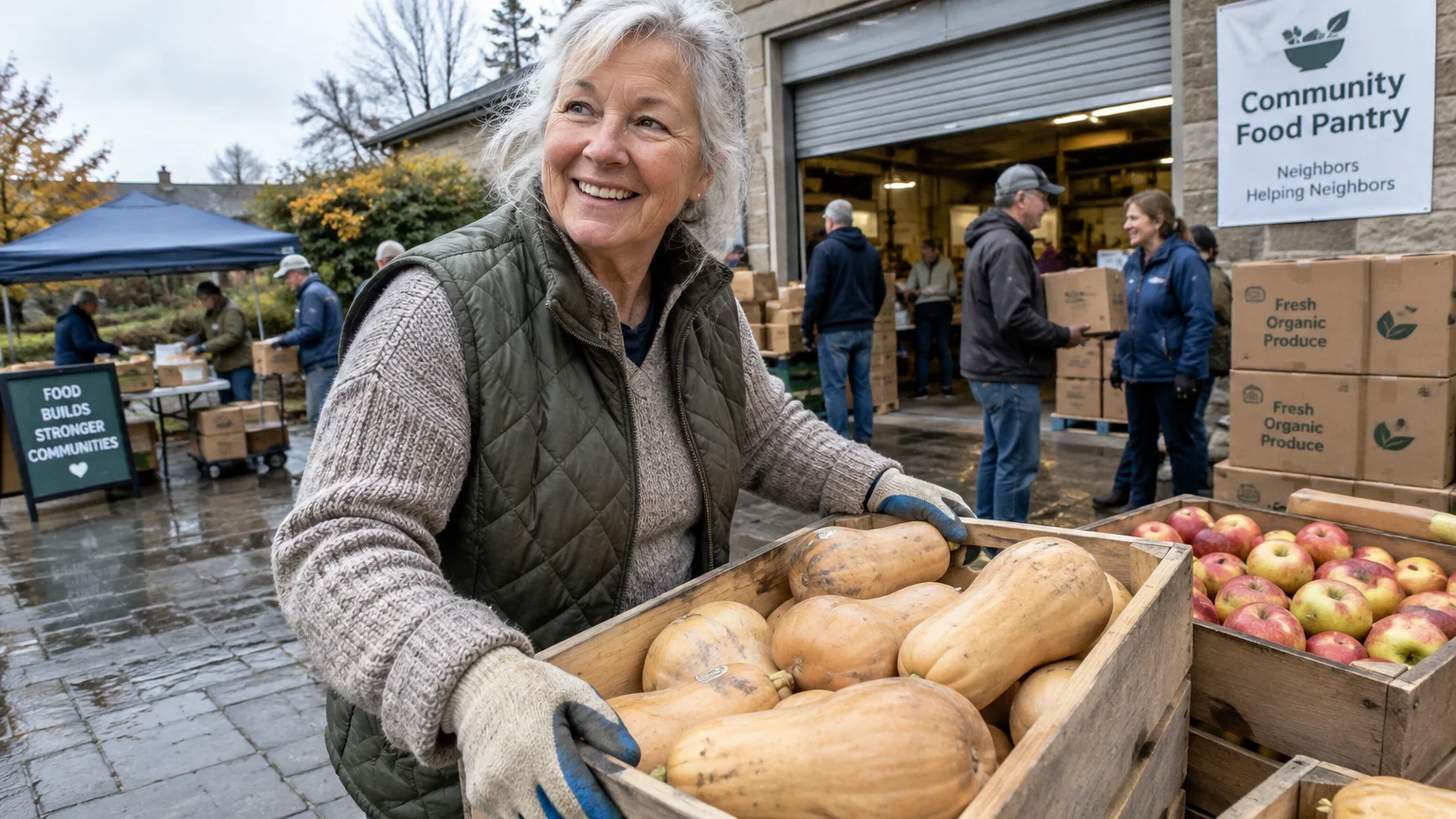 Older woman carrying a wooden crate of butternut squash outside a community food pantry alongside other volunteers.