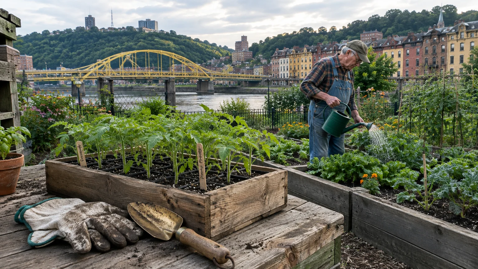 An older man waters raised garden beds along a riverbank, overlooking a yellow bridge and city buildings.