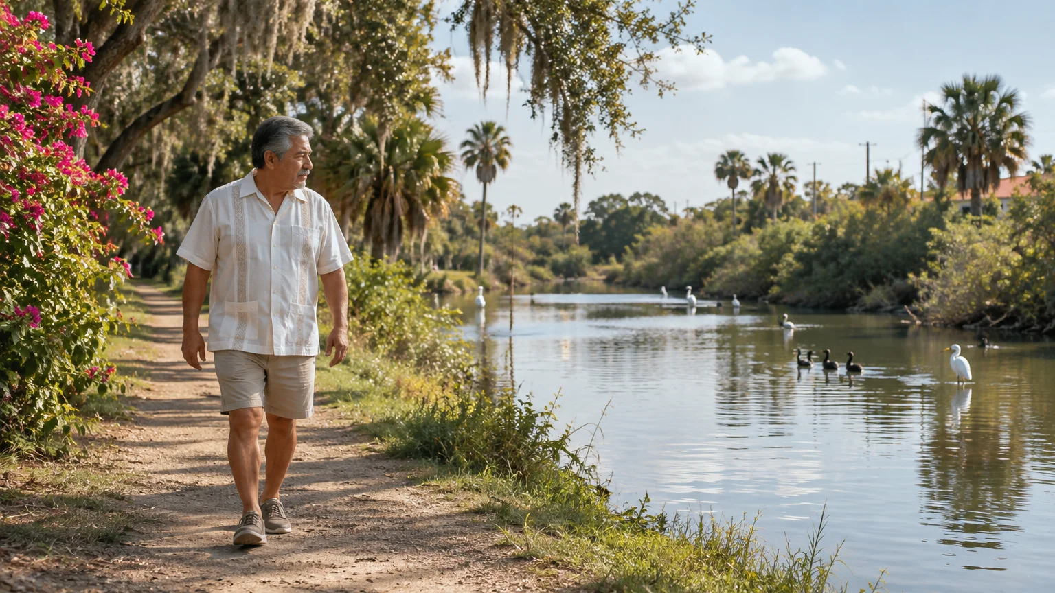 A senior man walks along a sunlit dirt path beside a waterway with palm trees, flowering bushes, and swimming birds.