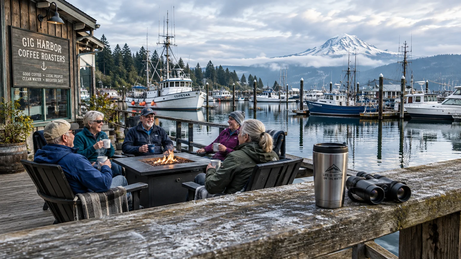 People sit around an outdoor fire table drinking coffee on a wooden harbor deck overlooking boats and Mount Rainier.