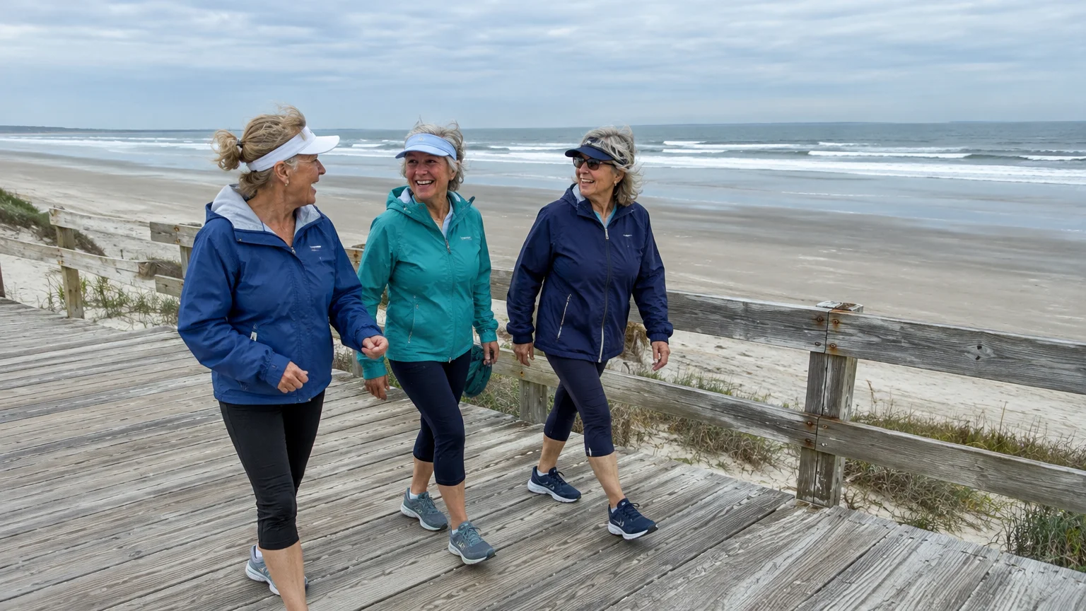 Three women in athletic jackets and visors walk along a wooden boardwalk beside an ocean beach.