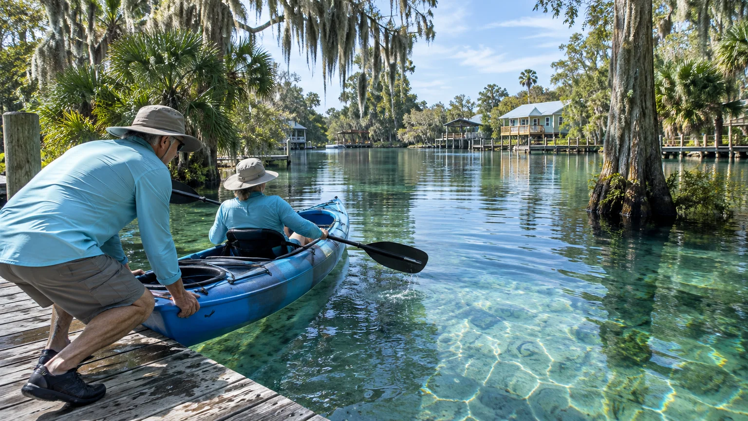 A man on a wooden dock launches a woman in a blue kayak into clear river water surrounded by cypress trees and houses.
