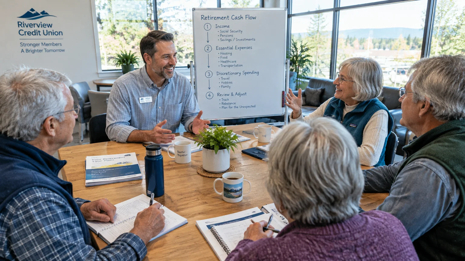 A credit union advisor leads a retirement cash flow workshop for seniors seated around a conference table.