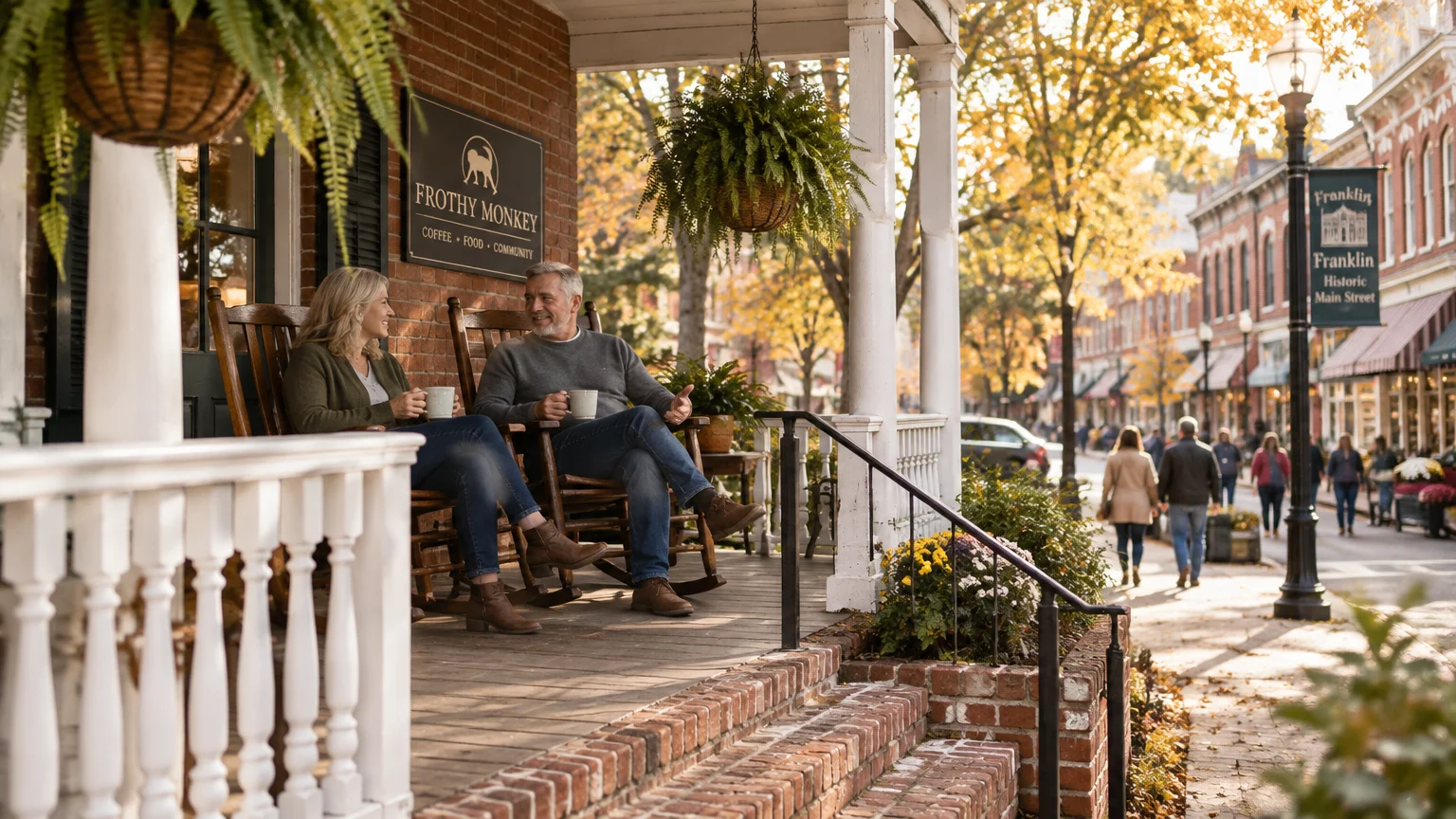 A mature couple sits in rocking chairs on a brick porch drinking coffee outside Frothy Monkey on an autumn street.