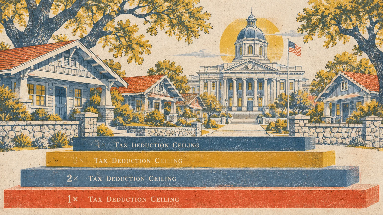 Illustration of suburban homes leading toward a government building with four stacked blocks labeled Tax Deduction Ceiling.