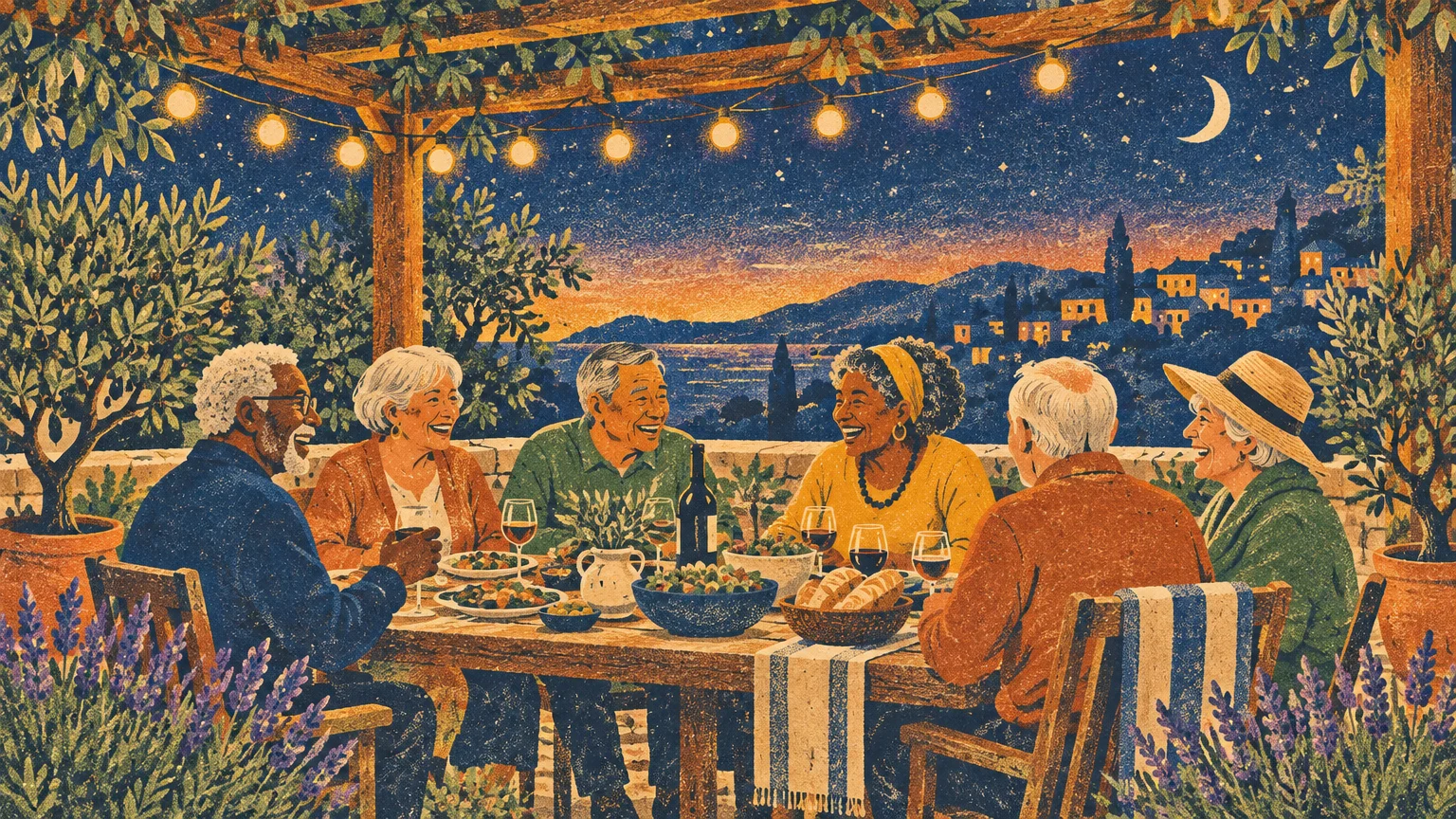 Illustration of diverse senior friends laughing and dining together under string lights on an outdoor patio at twilight.