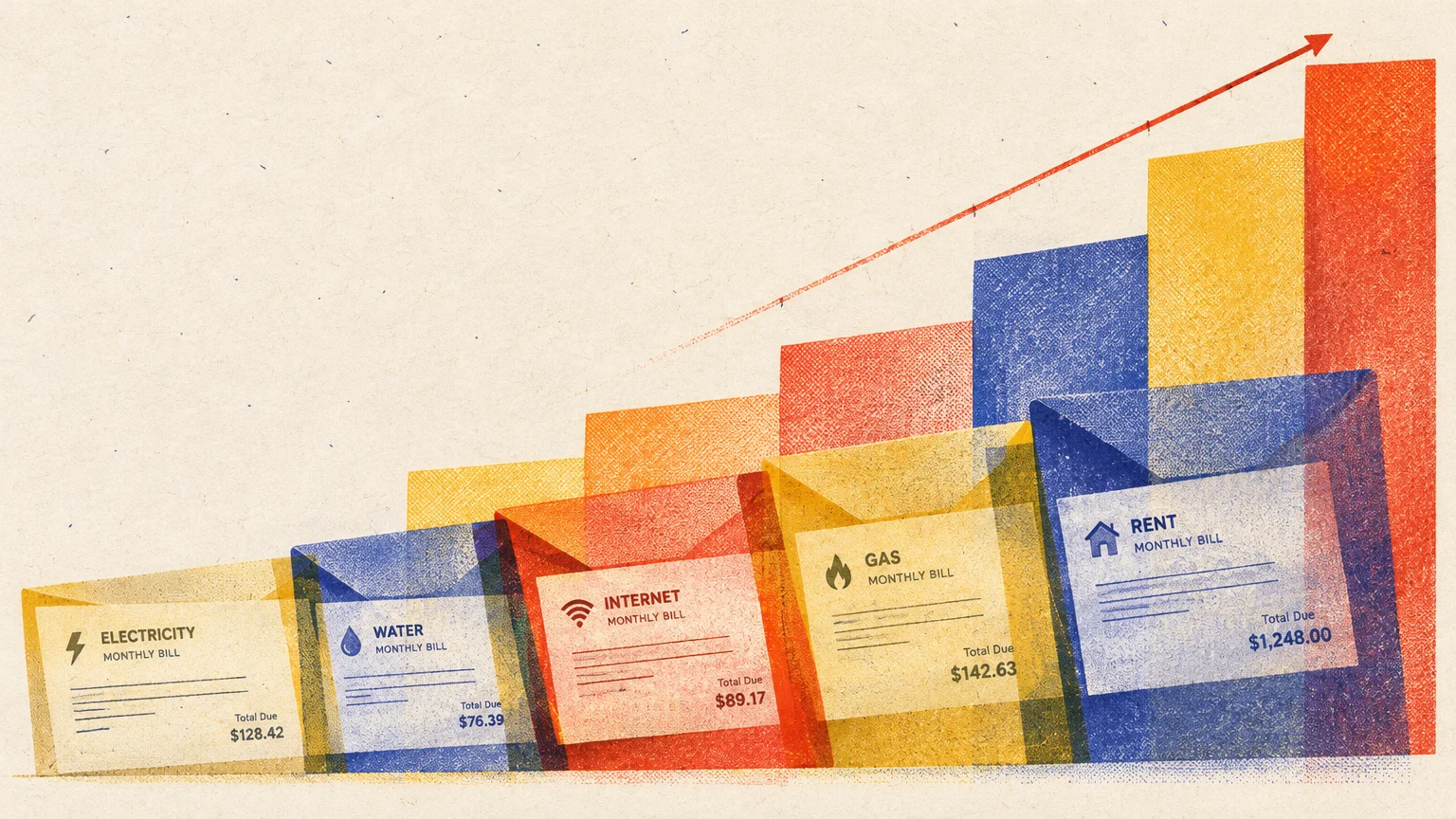 Envelopes representing monthly utility bills form an ascending bar graph beneath a rising red arrow.