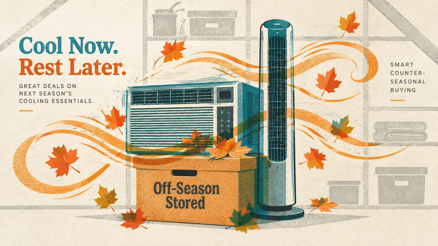Screenprint illustration of a window air conditioner and tall tower fan surrounded by swirling autumn leaves.