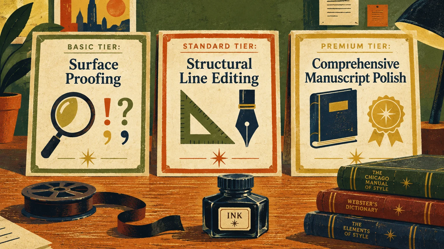 Illustration of three cards showing basic, standard, and premium editing tiers beside an ink bottle and reference books.