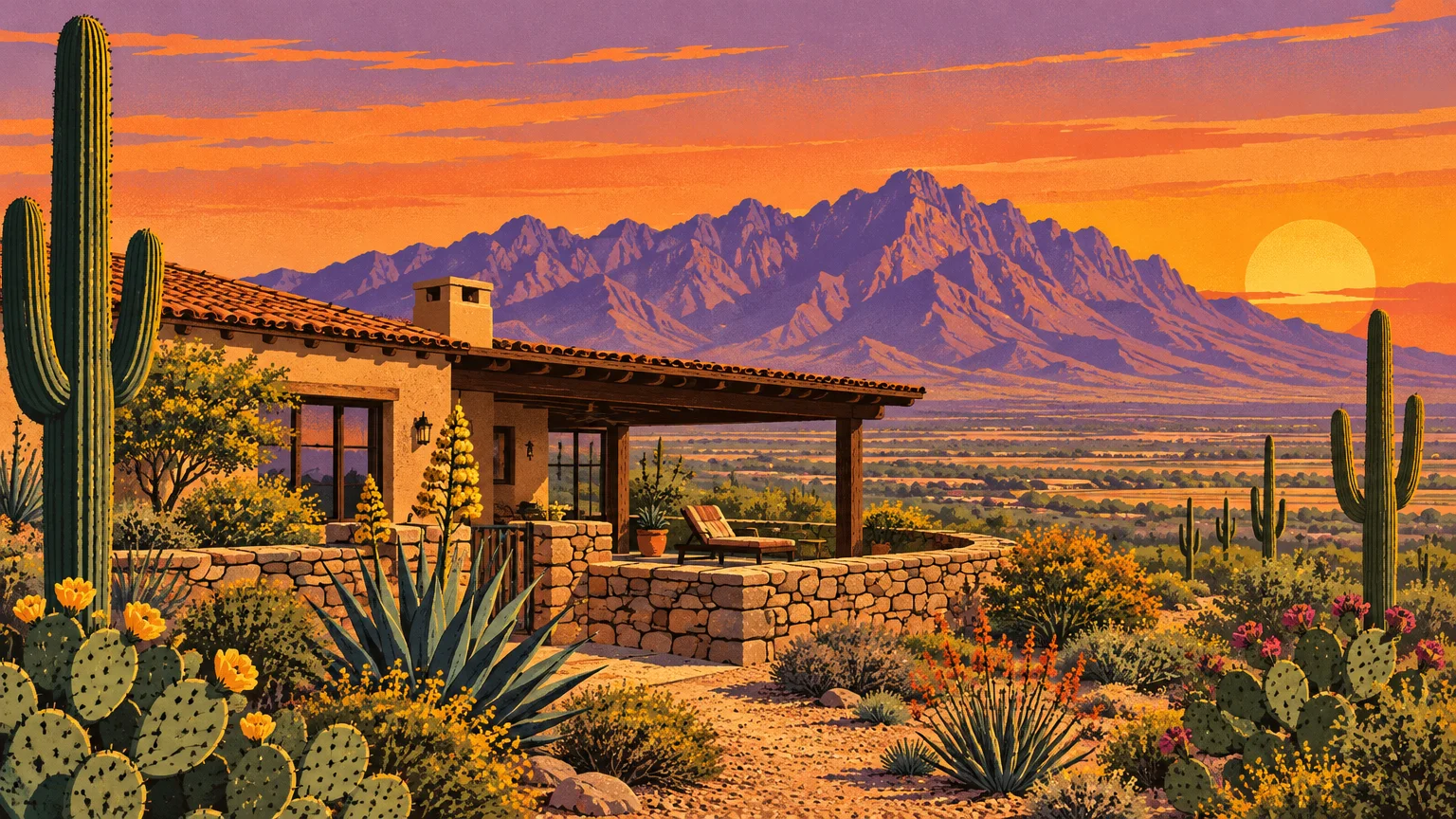 Screenprint illustration of a desert stone patio with saguaro cacti, agaves, and distant mountains at sunset.