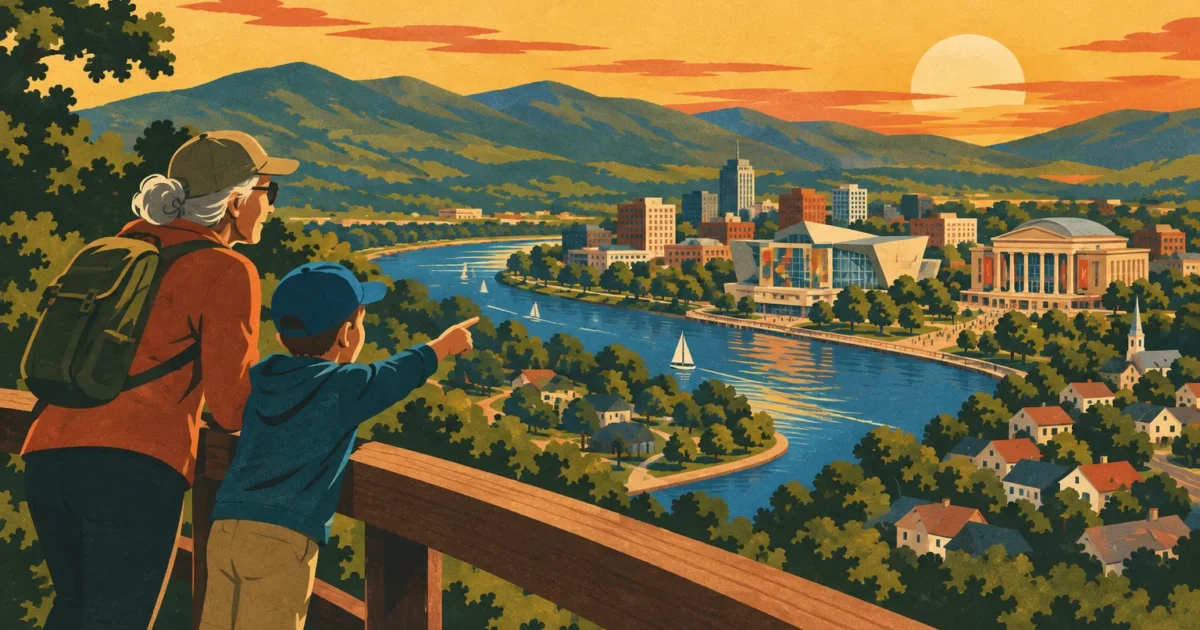Illustration of an older woman and young boy on an overlook viewing a riverside city surrounded by mountains at sunset.