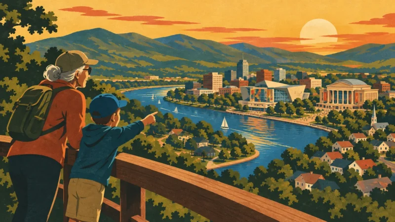 Illustration of an older woman and young boy on an overlook viewing a riverside city surrounded by mountains at sunset.