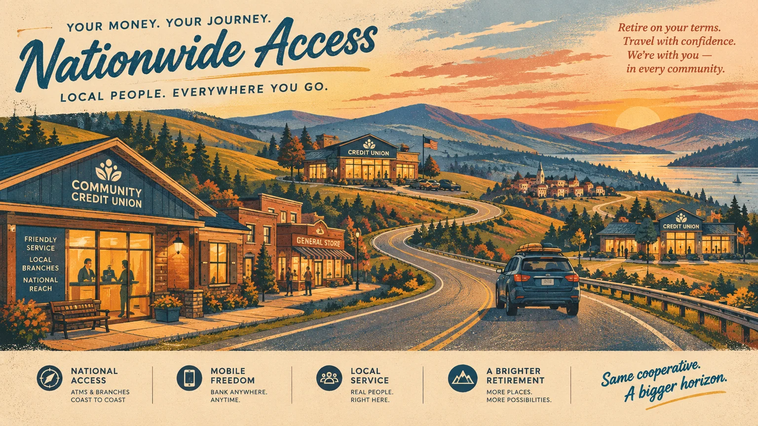 Illustration of a car driving along a winding highway past credit union branches in a scenic mountain landscape at sunset.