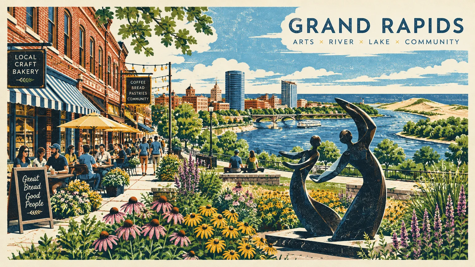 Screenprint of a lively riverside promenade with outdoor cafes, flowerbeds, public sculptures, and a distant city skyline.