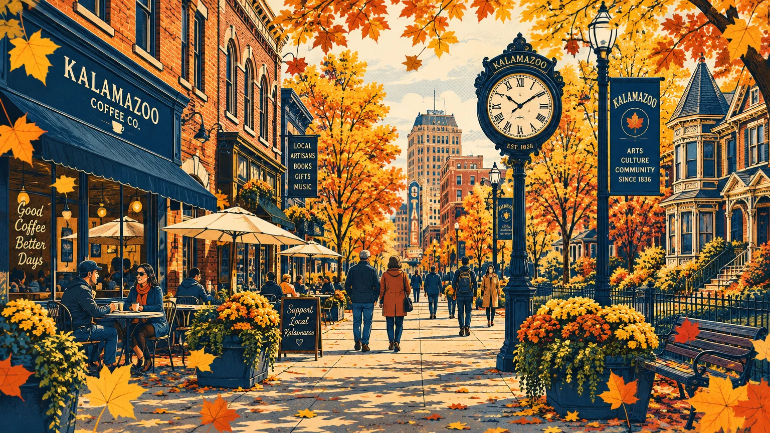 Autumn illustration of people walking along a Kalamazoo street with outdoor cafes, brick storefronts, and a large street clock.