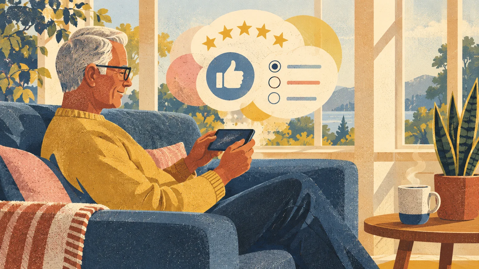 Illustration of an older man on an armchair using a smartphone, with survey icons like stars and a thumbs-up floating above.