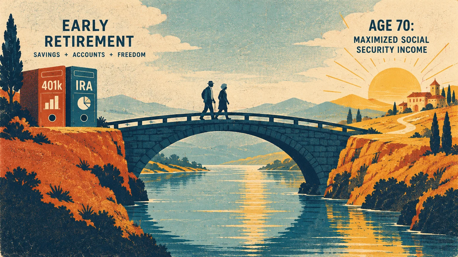 Illustration of a couple walking across a stone bridge over a river from 401k and IRA binders toward a rising sun at age 70.