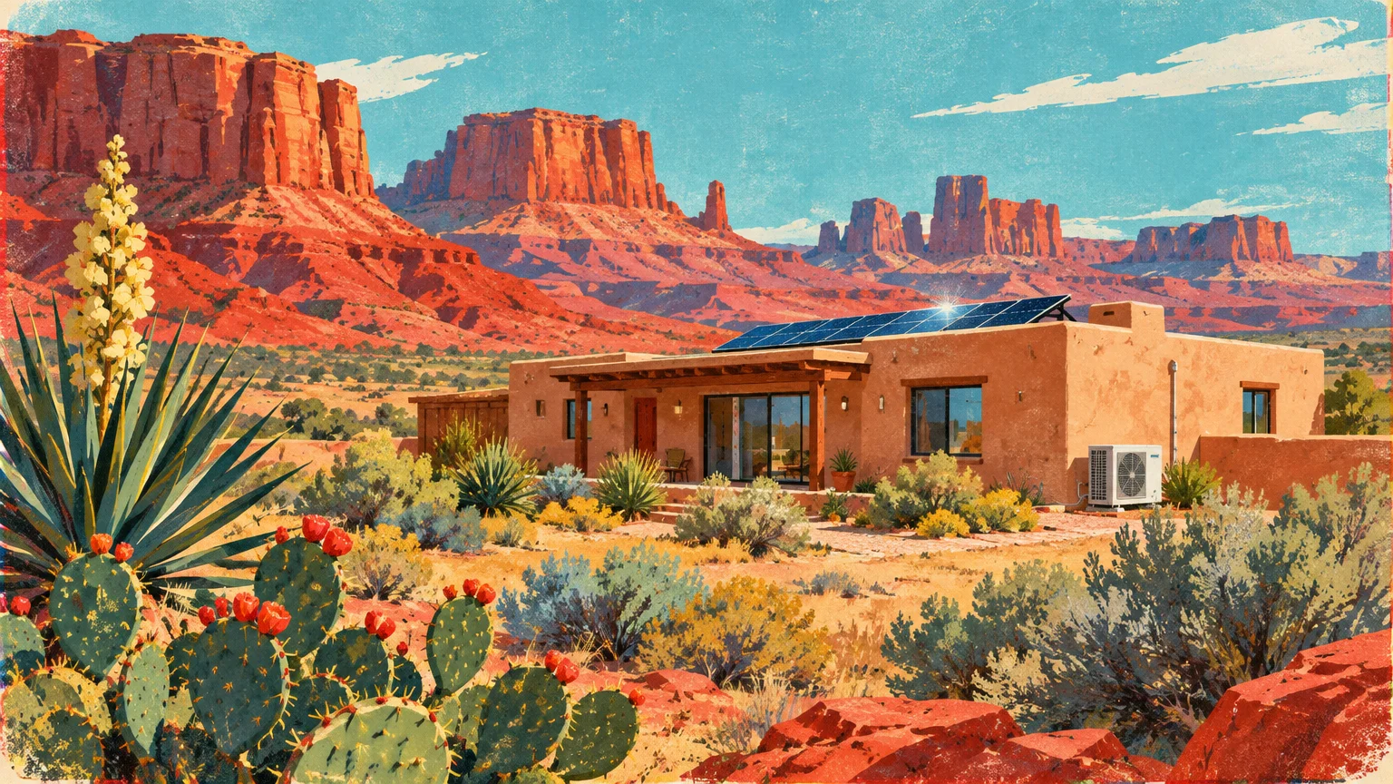 Illustration of an adobe-style house with rooftop solar panels and a heat pump, set against red rock canyon buttes.