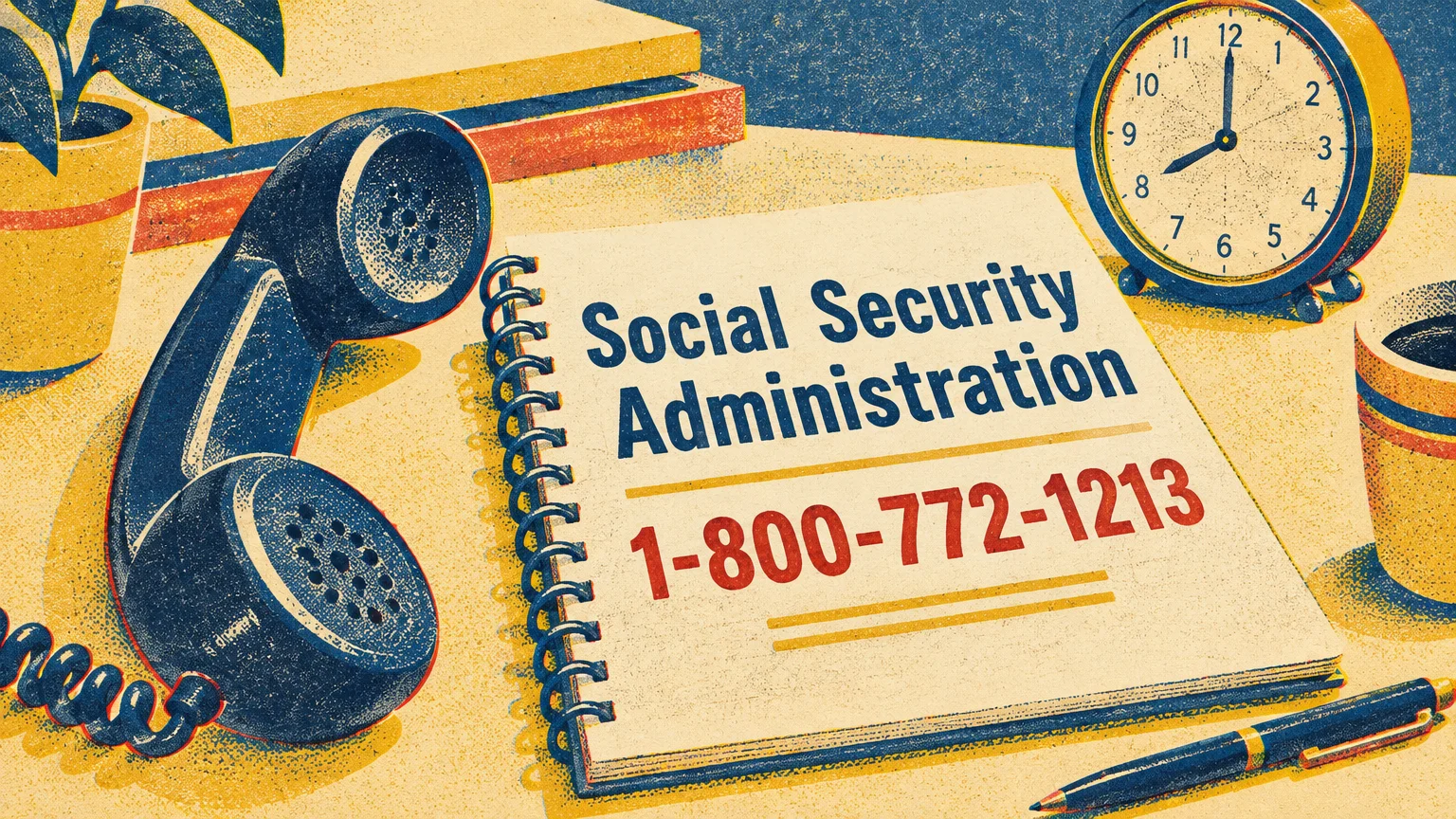 Illustration of a telephone receiver beside an alarm clock and a notepad reading Social Security Administration 1-800-772-1213.