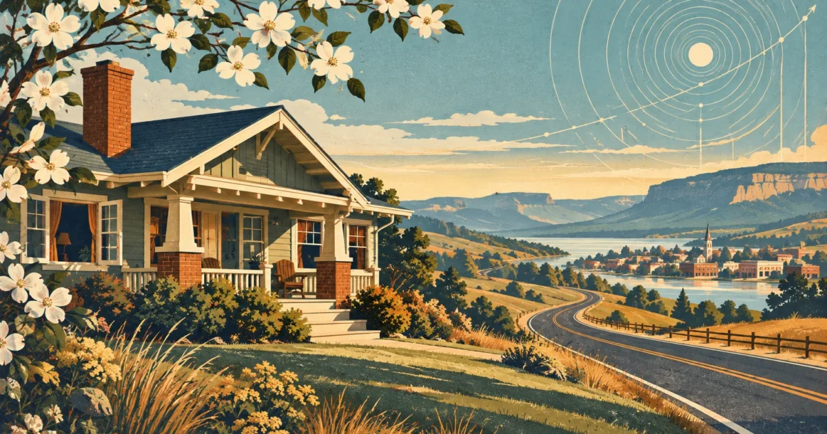 Screenprint illustration of a craftsman house beside a winding road, with blooming dogwood trees and a valley town below.