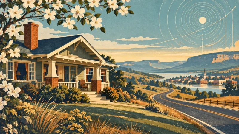 Screenprint illustration of a craftsman house beside a winding road, with blooming dogwood trees and a valley town below.