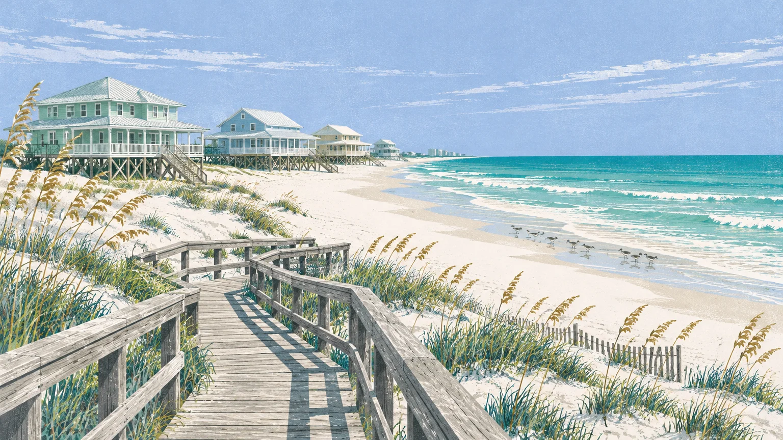 Illustration of a wooden boardwalk path leading past stilted beach houses along white sand dunes toward turquoise ocean waves.