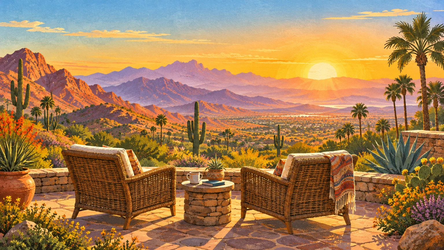 Illustration of two wicker armchairs on a stone patio overlooking a desert valley and mountains at sunrise.