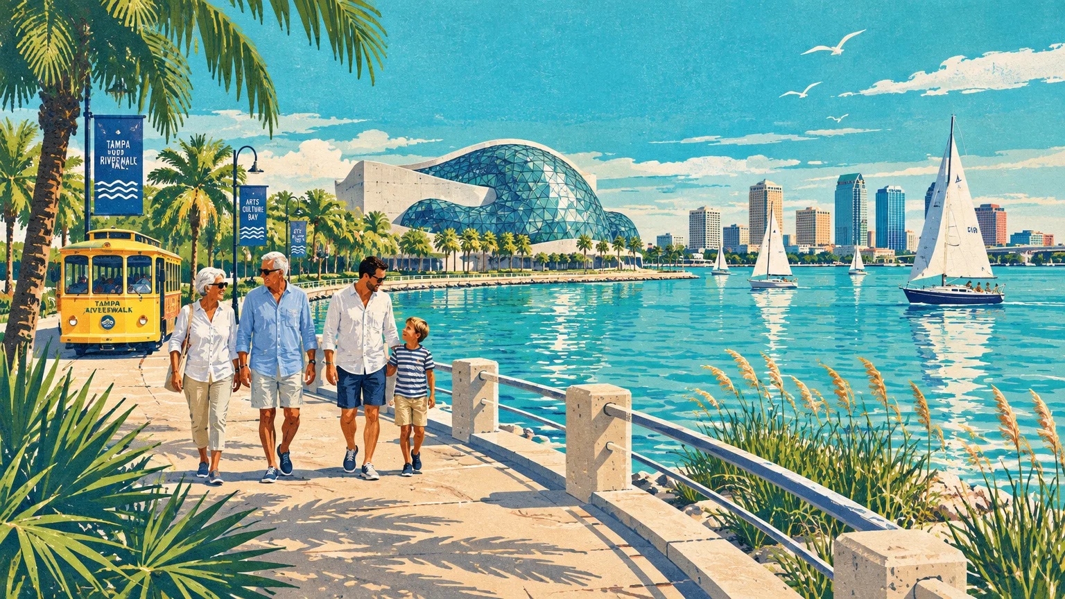 Illustration of a family walking along a waterfront promenade past a yellow streetcar, modern museum, and sailboats.