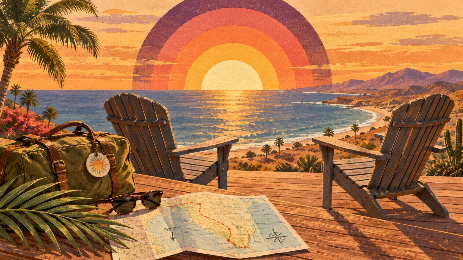 Retro illustration of wooden chairs on a deck overlooking an ocean sunset, beside luggage, sunglasses, and a map.