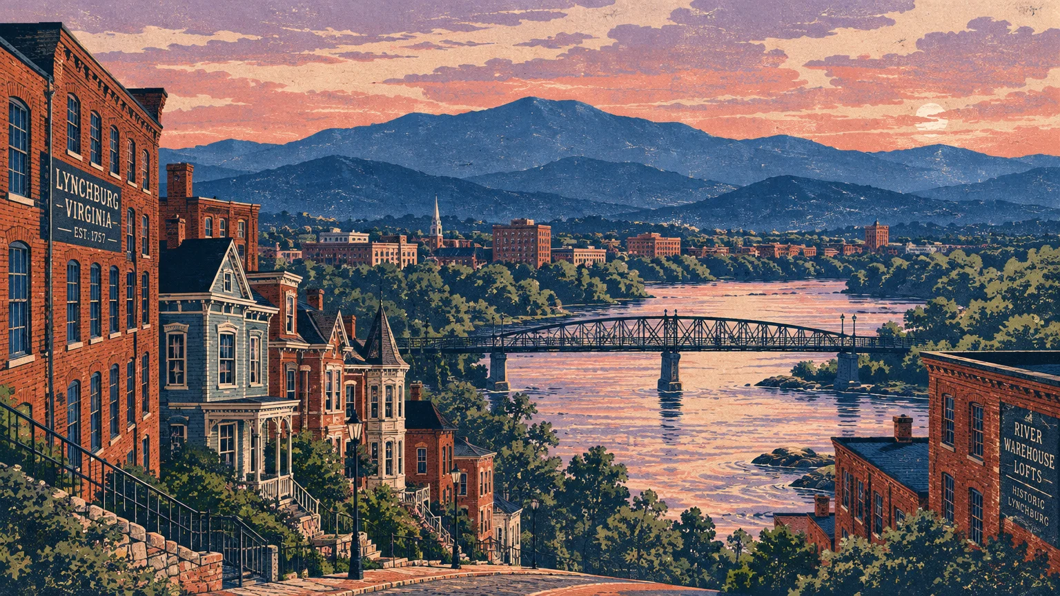 Screenprint illustration of historic brick buildings on a hillside overlooking a river, truss bridge, and blue mountains.