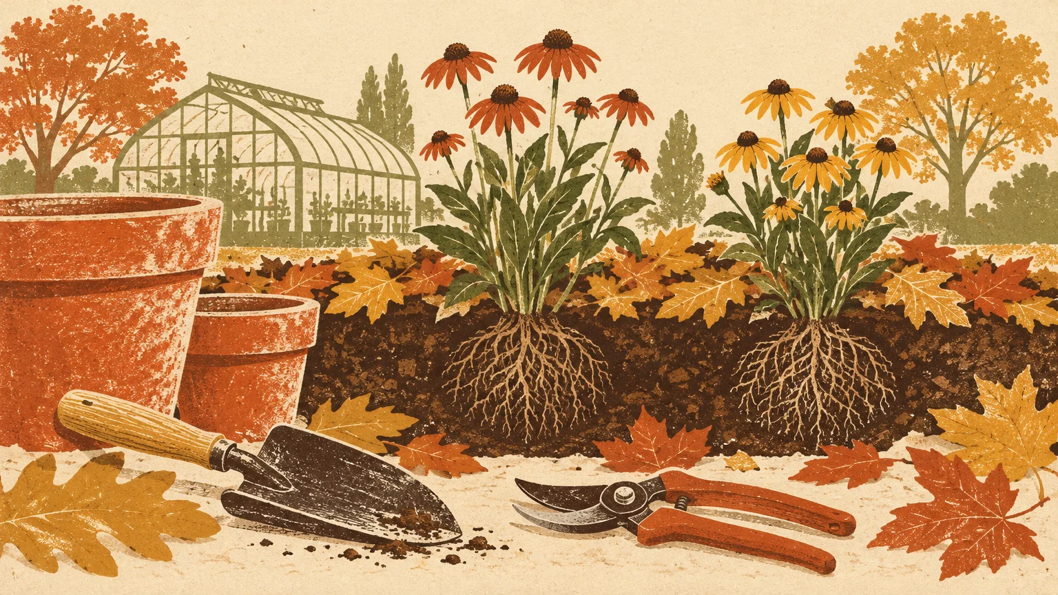 Screenprint illustration of perennials planted in soil with visible root systems, garden tools, pots, and a greenhouse.