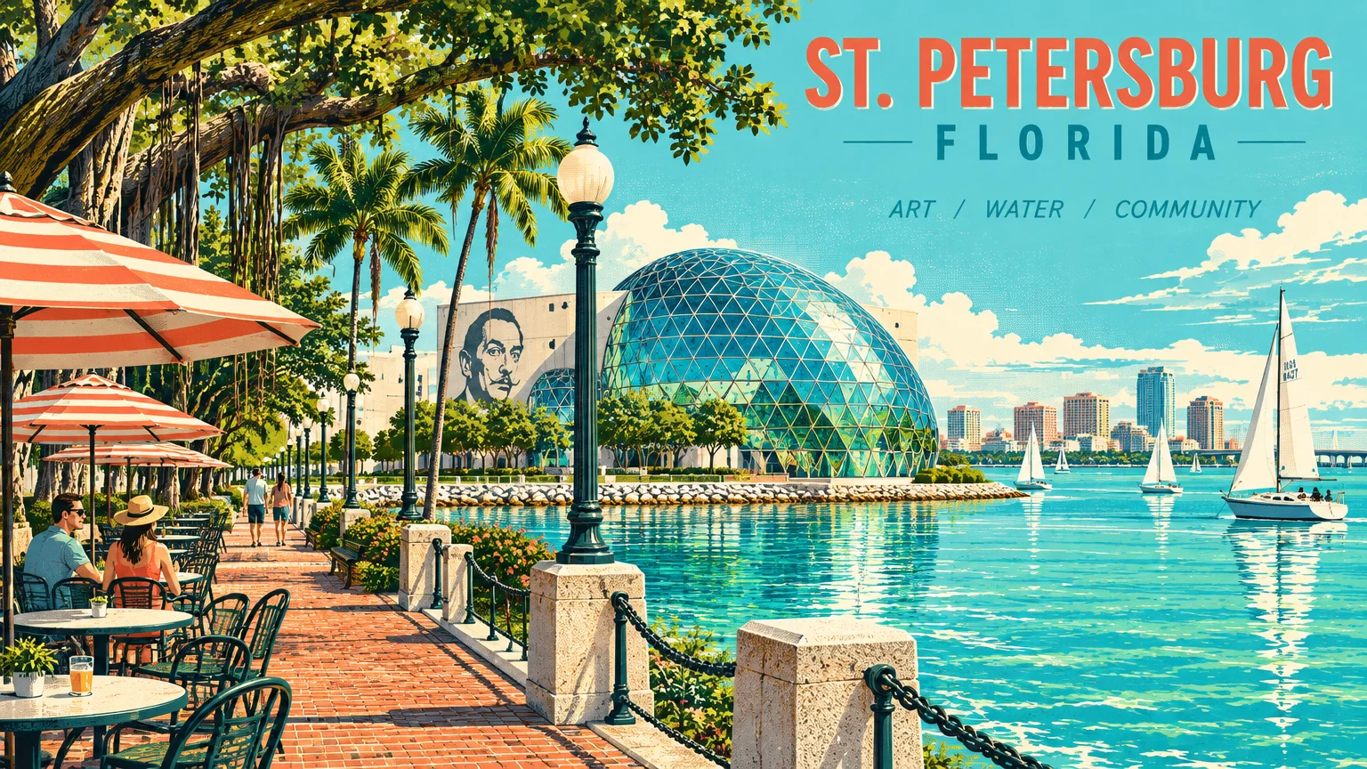 Illustration of St. Petersburg waterfront with outdoor cafe tables, Salvador Dalí Museum dome, and sailboats on the bay.