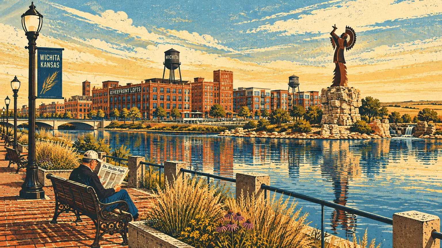 Illustration of a man reading a newspaper on a riverfront bench overlooking the Wichita skyline and the Keeper of the Plains.