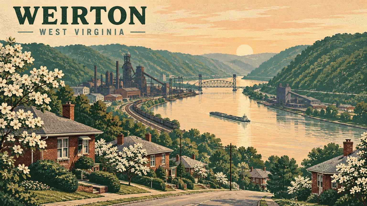 Screenprint illustration of Weirton, West Virginia, showing hillside houses, a river with a barge, and industrial plants.